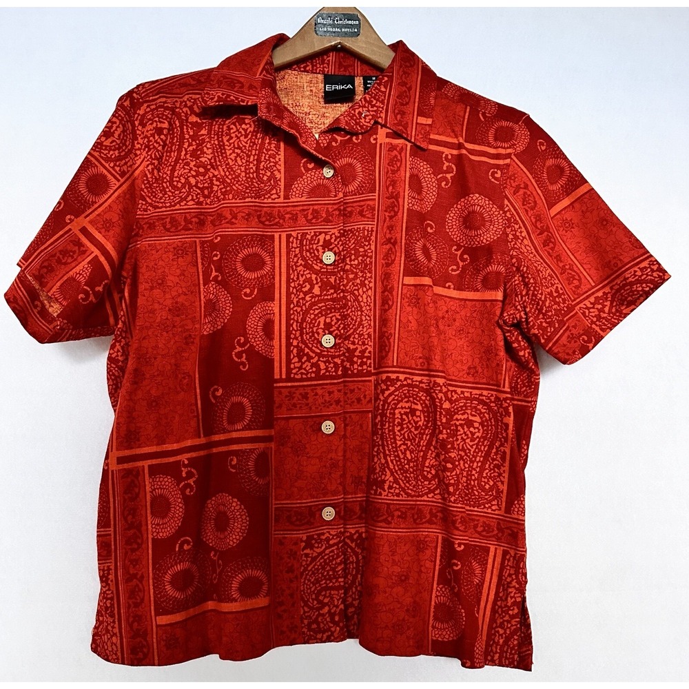 VTG ERIKA Linen Shirt Hawaiian Button Down Medium Women's Summer